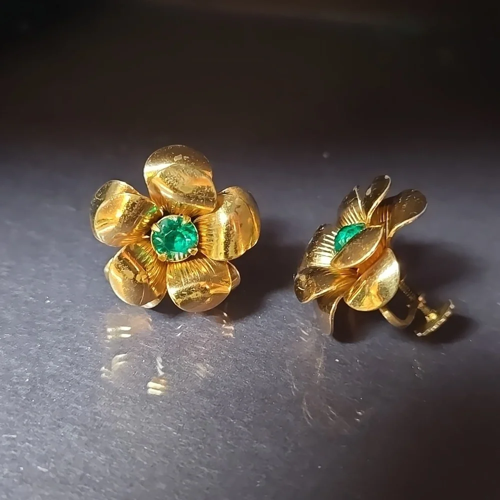 Coro Gold Tone 3D Flower Earrings with Green Stone